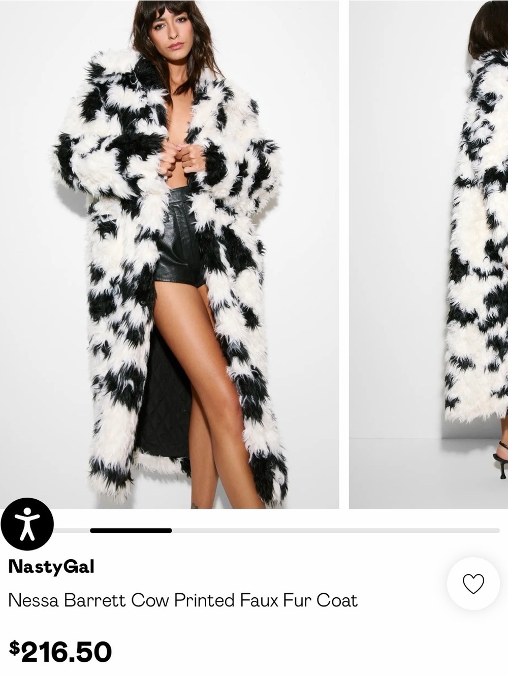 Nasty Gal Black & White Cow-Print Faux Fur Long Coat